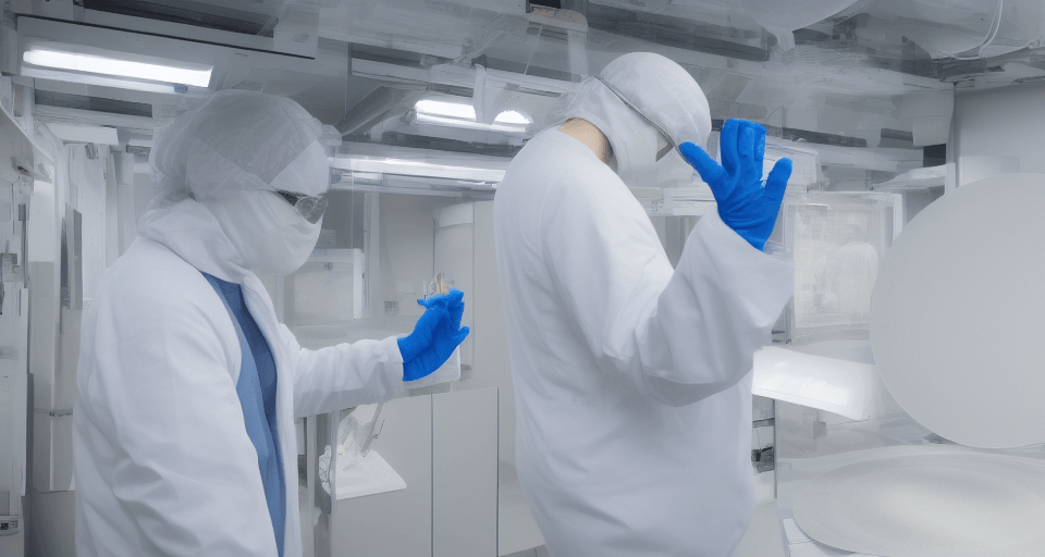 employee in clean room carrying large circular ((silicon wafer))