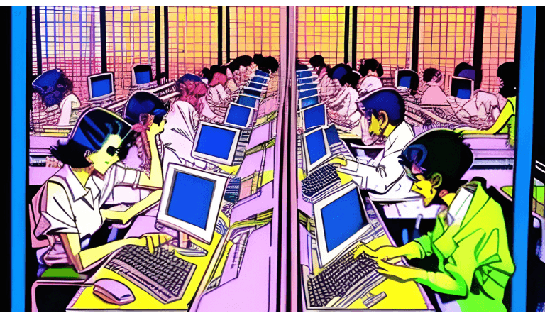 Rows of faceless people with warped bodies working on computers