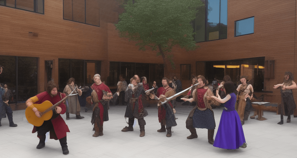 dungeons and dragons, medieval bard holding mandolin, people dancing, ((Google office building exterior))