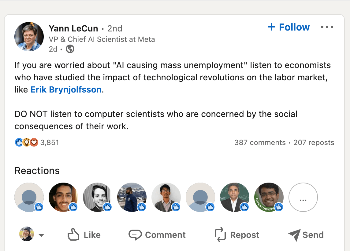 A screenshot of a Meta executive's LinkedIn post that says not to listen to Computer Scientists who care about social consquences of their work